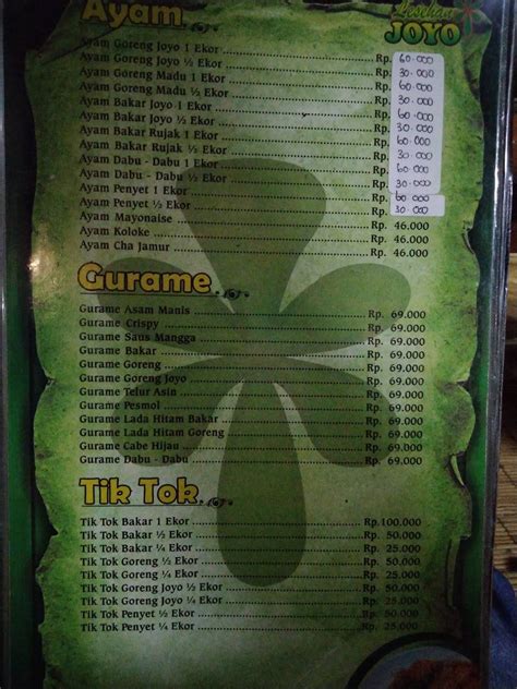 Menu At Lesehan Joyo Restaurant Sidoarjo