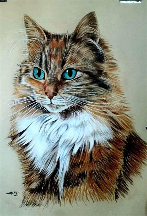 A Drawing Of A Cat With Blue Eyes And Long Whiskers On It S Fur