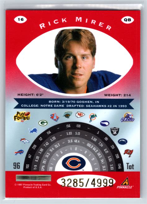 Rick Mirer Pinnacle Totally Certified Sn Chicago Bears Ebay