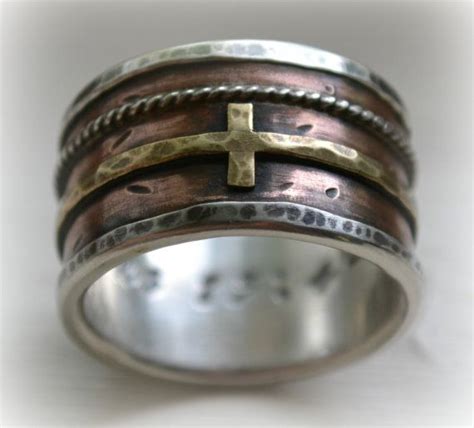 Mens Wide Band Wedding Band Rustic Fine Silver And Copper Etsy