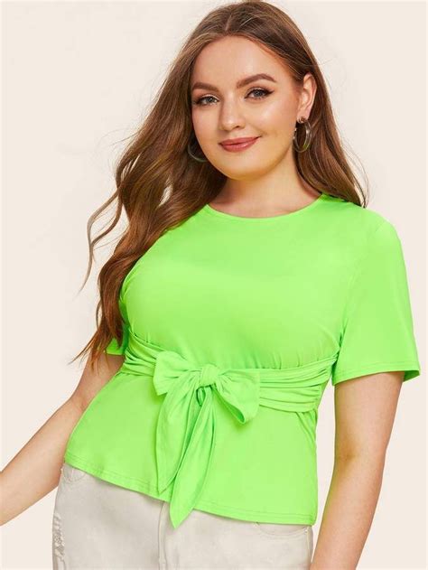 Shein Plus Neon Green Tie Front Tee Green Tie Neon Green Plus Size