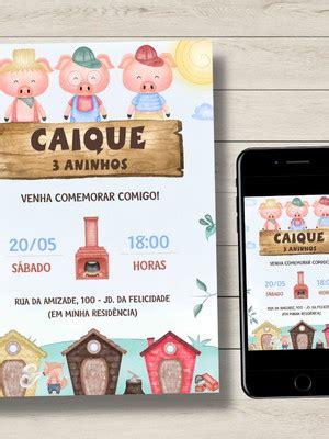 Arte Digital Convite Tres Porquinhos Compre Produtos Personalizados