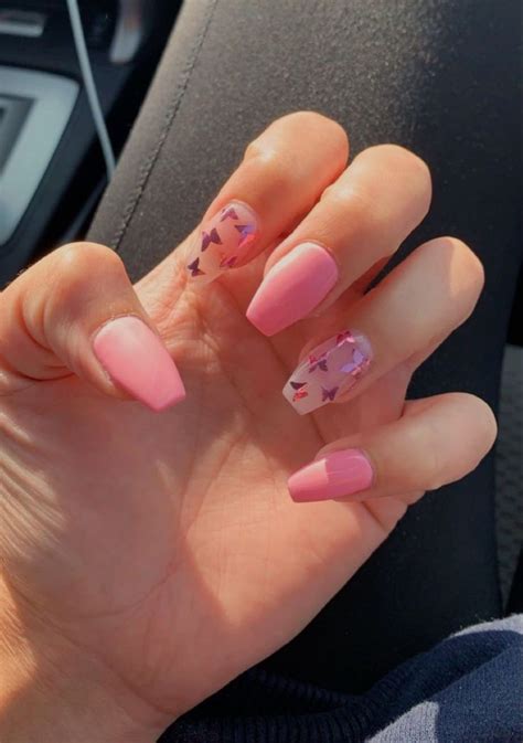 Pink Butterfly Acrylic Nails Acrylic Nails Coffin Short Short