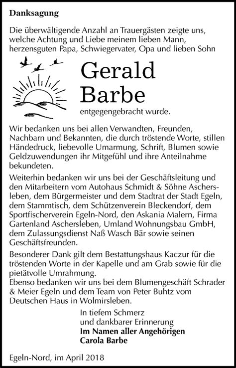 Traueranzeigen Von Gerald Barbe Abschied Nehmen De