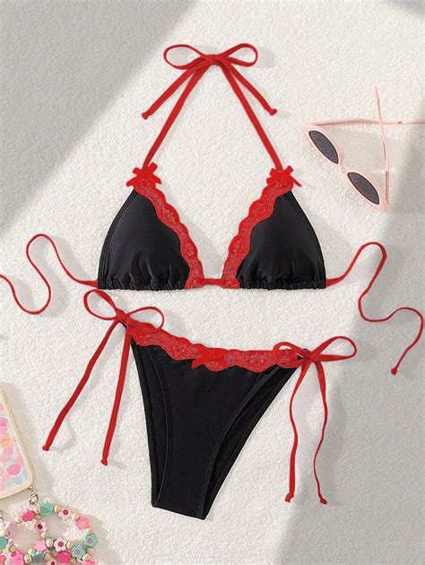 Swim Mod Sexy Cute Lace Bow Decor Triangle Bikini For Pool Beach Party SHEIN USA