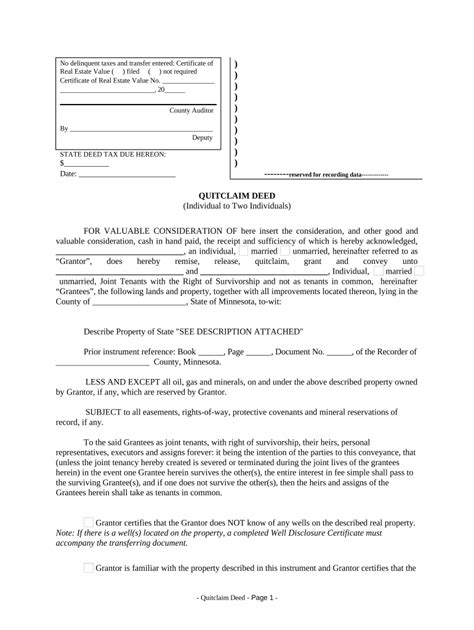 Quitclaim Deed From Individual To Two Individuals In Joint Tenancy Minnesota Form Fill Out And