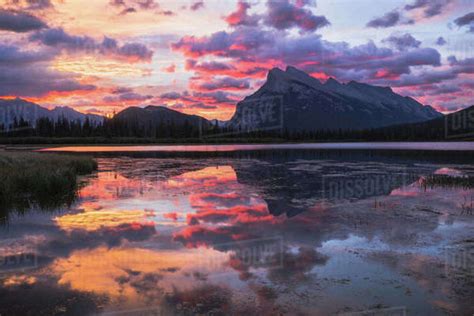 Reflections Of Mount Rundle In Vermillion Lakes At Sunset Banff