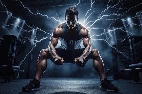 Premium Photo A Man Squatting Down In Front Of A Lightning Background