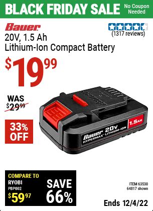 BAUER 20V HyperMax Lithium Ion 1 5 Ah Compact Battery For 19 99