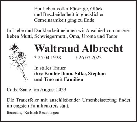 Traueranzeigen Von Waltraud Albrecht Abschied Nehmen De