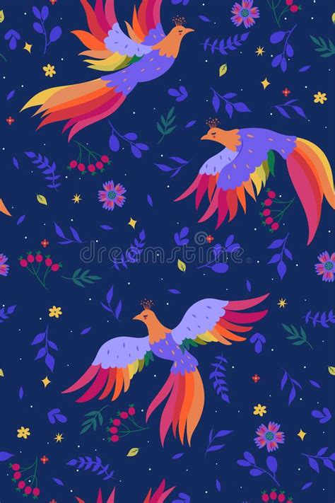 Seamless Pattern With Magic Birds On A Blue Background Vector Graphics