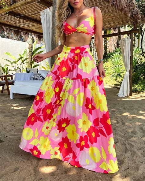 Floral Print Twist Crop Top And Maxi Skirt Set