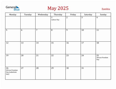 May 2025 - Zambia Monthly Calendar with Holidays