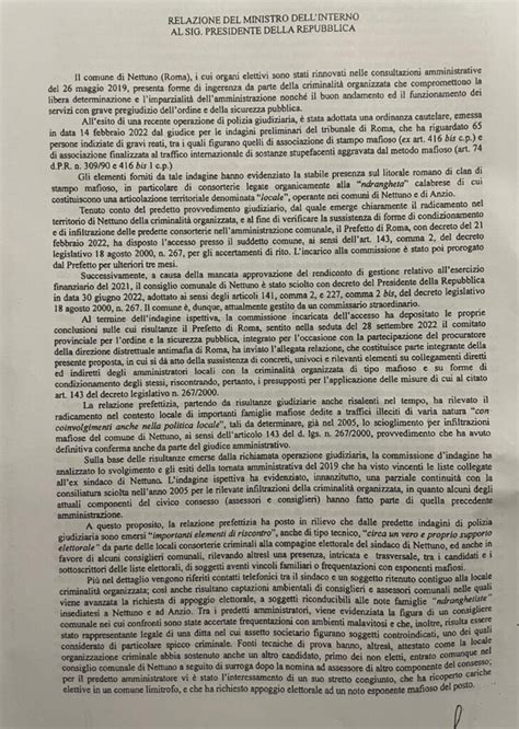 Nettuno La Relazione Sullo Scioglimento Del Consiglio Comunale Per