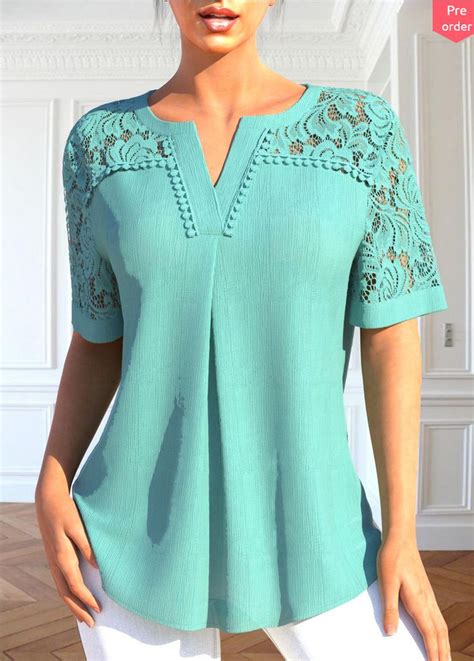 Rotita Lace Mint Green Split Neck Short Sleeve Blouse Women Blouses