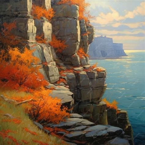 Premium Photo | Painting of a cliff with a cliff face and a body of