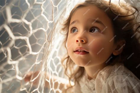 Premium Ai Image Girl Gazing Upward Through A Sheer White Net Fabric Ai Generated