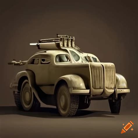 1950 Retro Futuristic Art Deco Mad Max Spike Military Vehicle Forest On