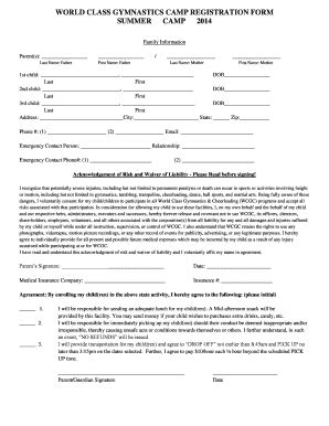 Fillable Online WORLD CLASS GYMNASTICS CAMP REGISTRATION FORM SUMMER