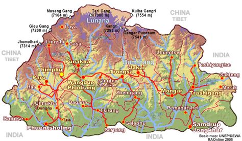 Raonline Bhutan Visitor Information Maps Physical Maps Dzongkhag Map Glacial Lakes Map