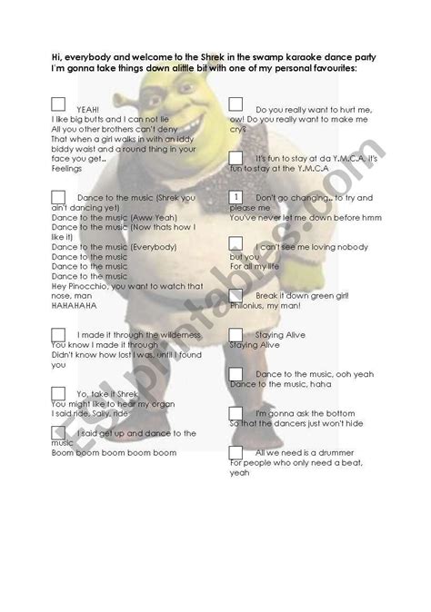 Shrek Karaoke Dance Party - ESL worksheet by MartaSus