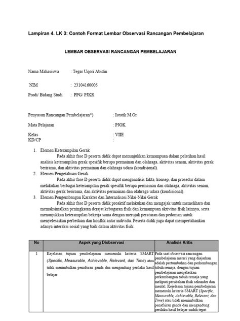 Lampiran 4 Lk 3 Contoh Format Lembar Observasi Rancangan Pembelajaran