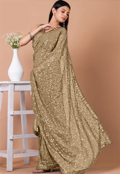 Buy Sequinned Georgette Saree In Beige Online SCSA206 Utsav Fashion