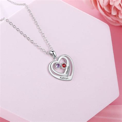 Personalized Double Heart Necklace With Birthstones Necklace