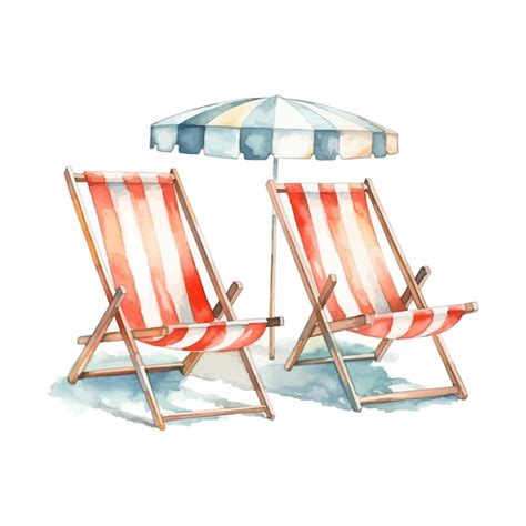 Hand Drawn Watercolor Elements Pair Of Striped Beach Deck Chairs Sun