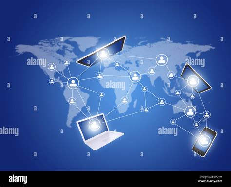 Social Icons And Devices On World Map Stock Photo Alamy