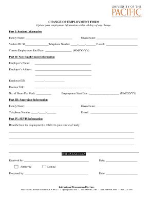 Fillable Online Pacific Change Of Employment Form Date Pacific Fax