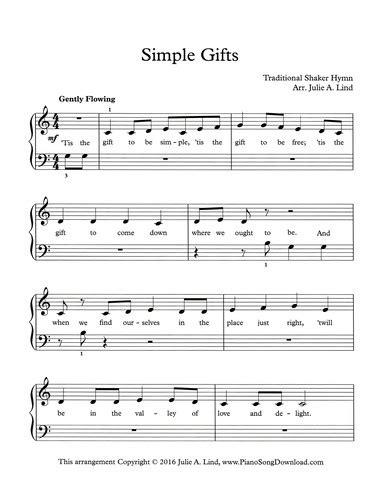 Simple Gifts Free Easy Hymn Sheet Music For Piano With Lyrics