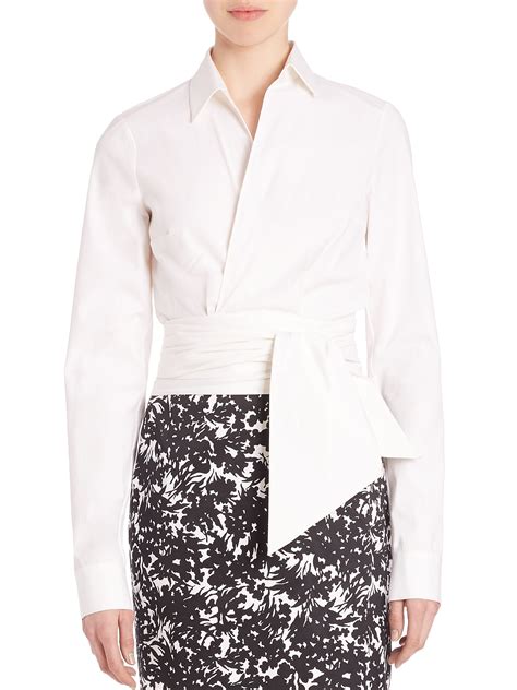 Michael Kors Cotton Long Sleeve Wrap Blouse In White Lyst