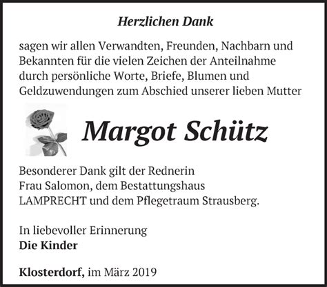 Traueranzeigen von Margot Schütz Märkische Onlinezeitung Trauerportal