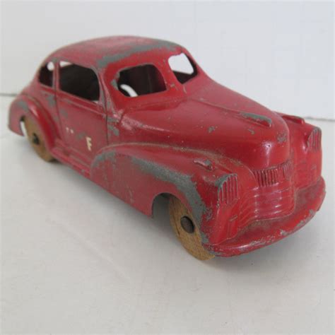 Art Deco Toy Car Coupe Chippy Red Pain Wooden Wheel Cars - Etsy