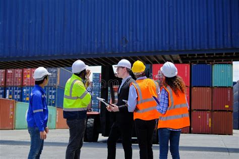 Group Of Workers Teamwork At Logistics Terminal Cargo Transportation