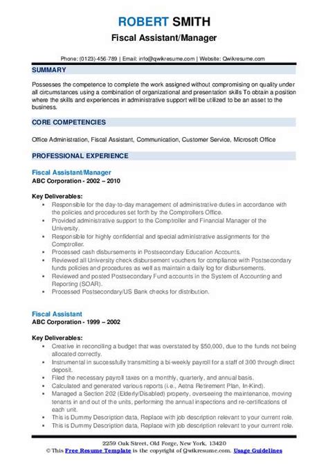 Fiscal Assistant Resume Samples Qwikresume