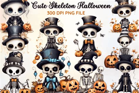 Cute Skeleton Halloween Clipart Bundle Graphic By Regulrcrative