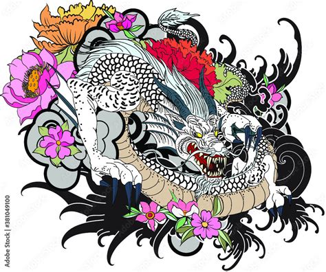 Japanese Dragon tattoo vector and hand drawn illustration.hand drawn colorful Dragon tattoo ...