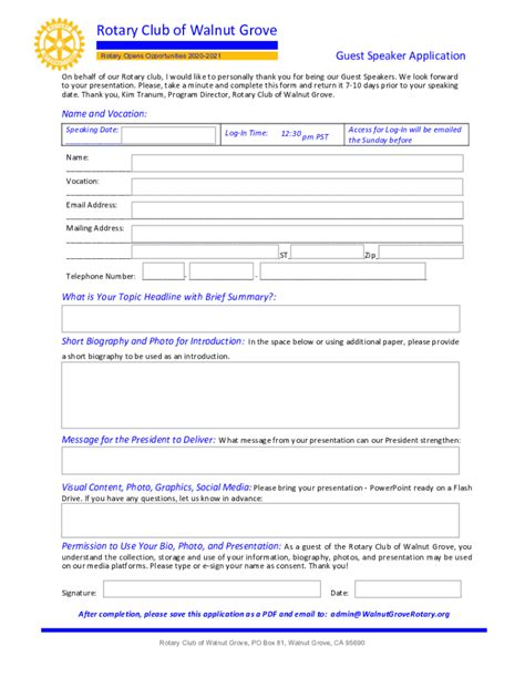 Fillable Online Rotary Club Of Walnut Grove Fax Email Print Pdffiller