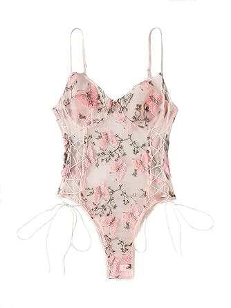 Lilosy Women Sexy Lace Up Floral Embroidered Teddy Lingerie Bodysuit