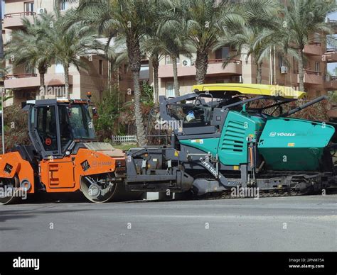 Cairo Egypt April 18 2023 Asphalt Paver Trucks And Compactors A