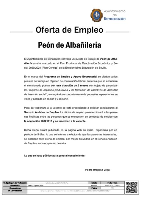 CONVOCATORIA PUESTO DE TRABAJO PEÓN DE ALBAÑILERÍA PLAN CONTIGO