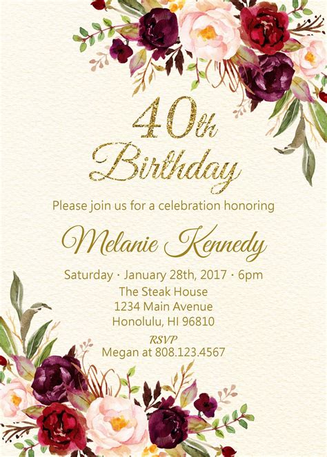 Any Age 40th Birthday Invitation Women Birthday Gold Glitter Etsy