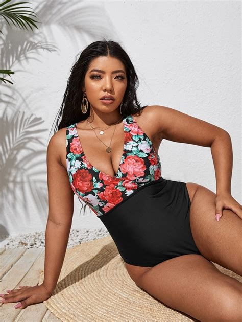 Plus Floral Cross Back One Piece Swimsuit Shein In