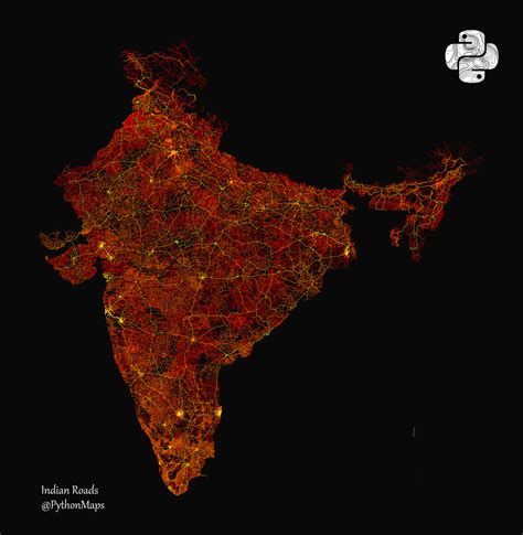 Roads of India! Shows all roads from highways (yellow) down to lanes (red) and everything in ...