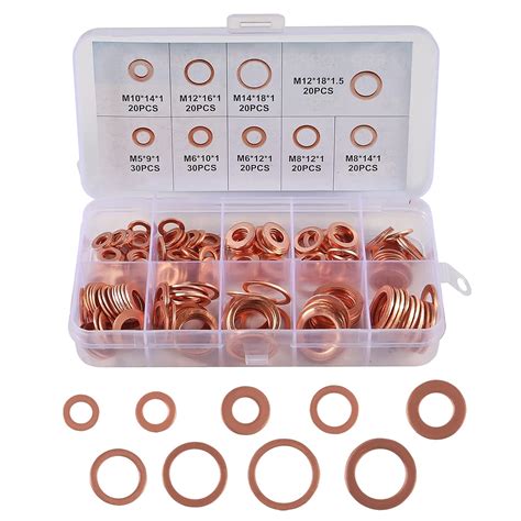 DIANN 200pcs Flat Copper Washer Assortment Set 9 Sizes M5 M14 O Ring