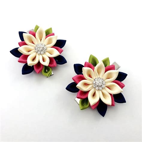 Kanzashi Flower Hair Clip Ivory Pink Navy Flower Hair Clip Etsy