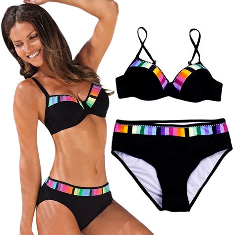 Str J K Pielowy Dwucz Ciowy Bikini Czarny Kolorowe Wstawki Push Up S Cena