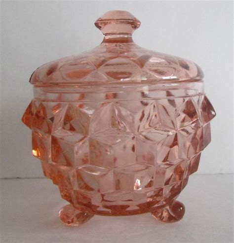 Vintage Pink Depression Jeannette Glass Footed Candy Dish With Lid Cu